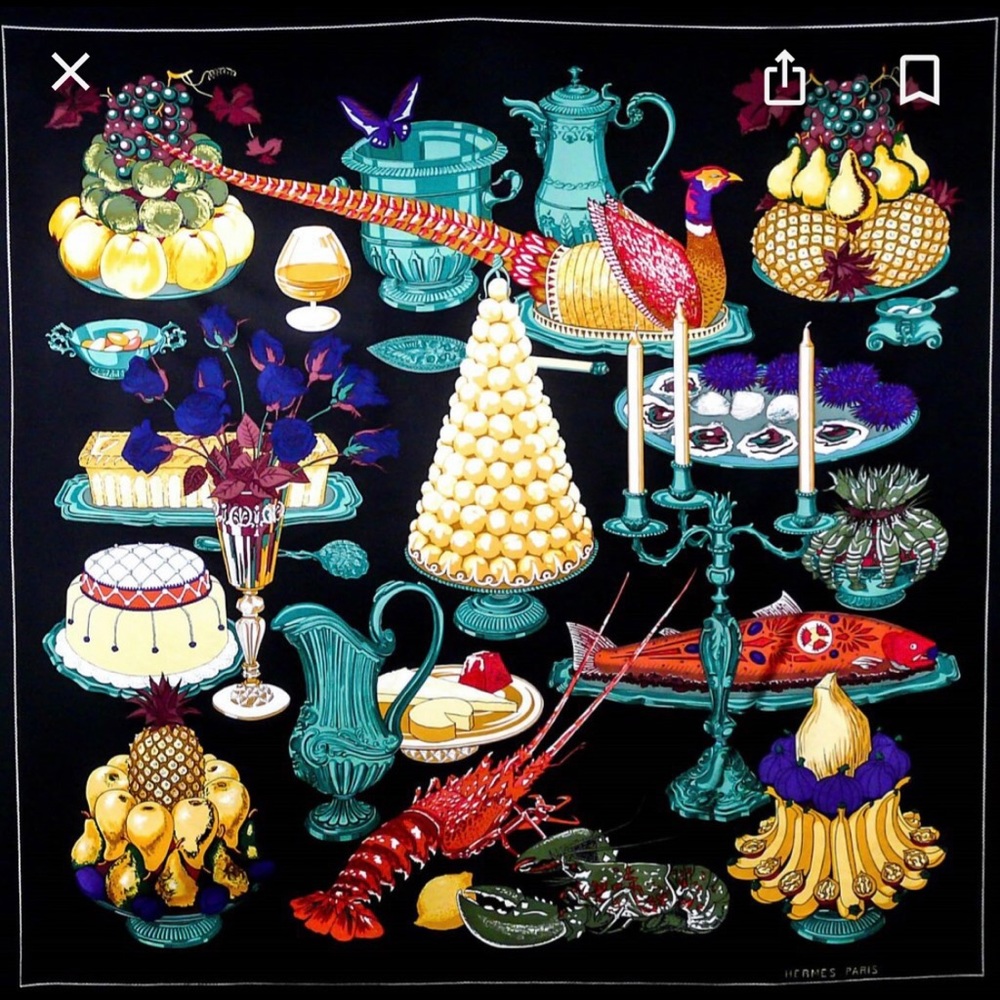 Hermès Gastronomie Black Silk Scarf & Gift Box